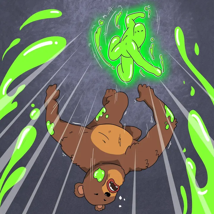 Glub sending a bear flying in a splash of slime