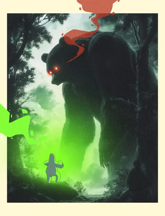 A giant bear towering over a tiny glowing Glub in the forest