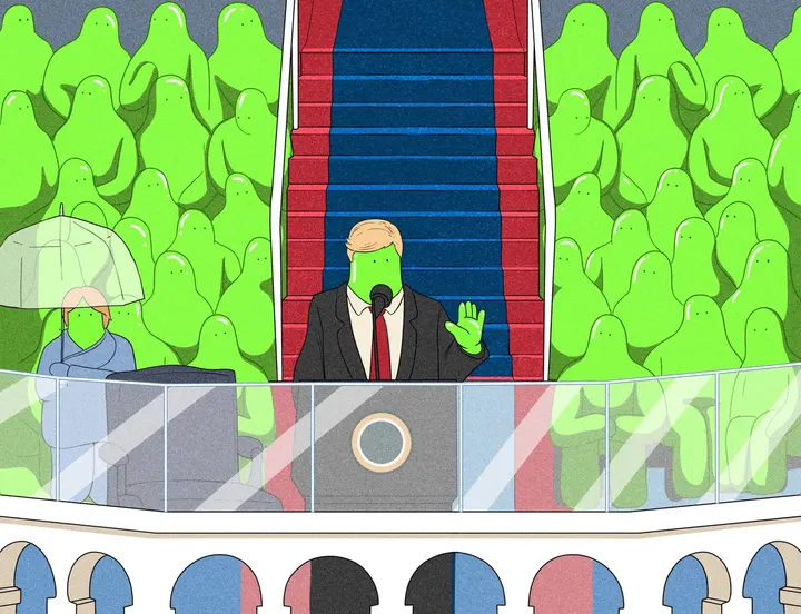 Glub at a podium in front of a crowd of Glubs