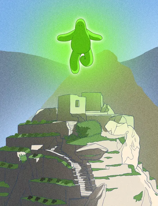 Glub glowing above mountain ruins