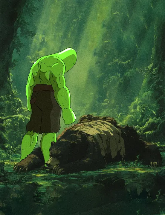 Buff Glub standing over a defeated bear
