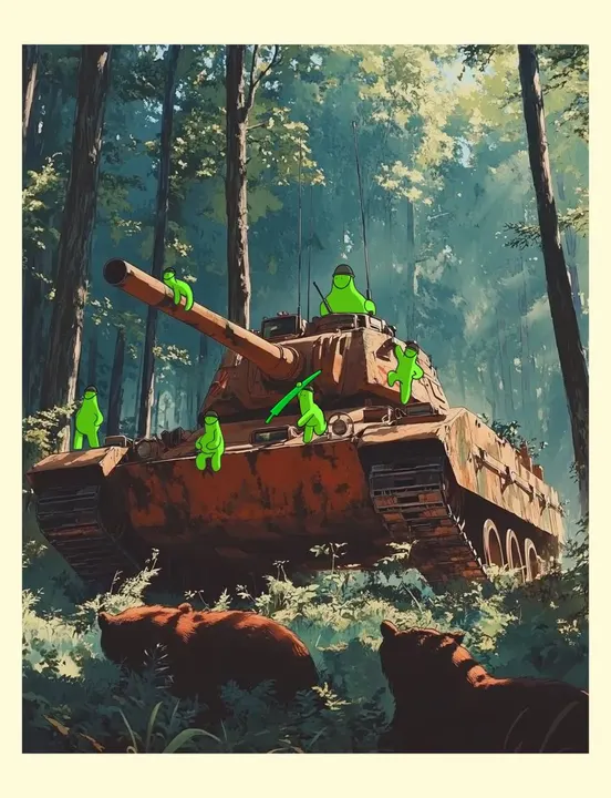 Glubs riding a tank in the forest